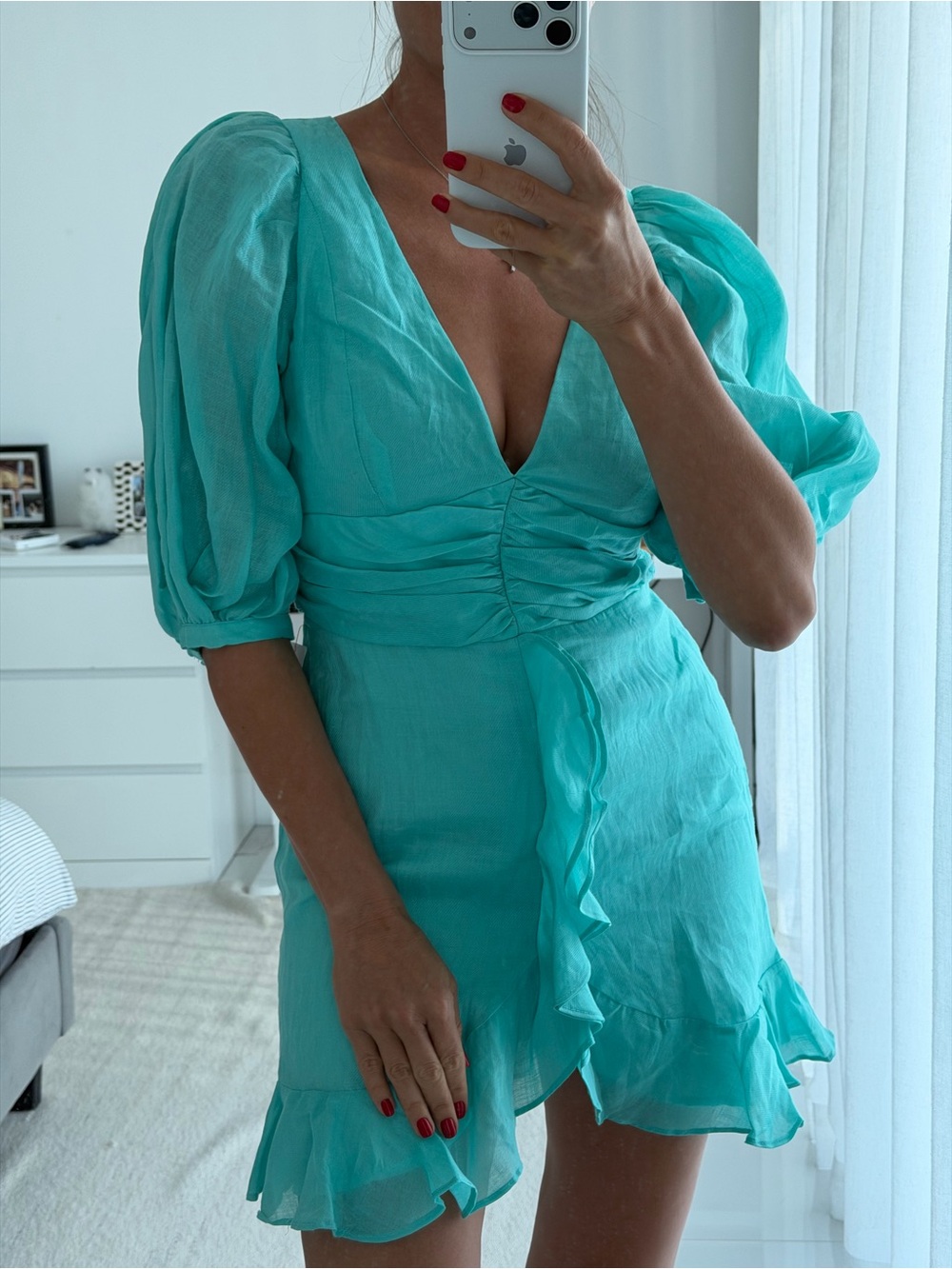 Bardot Women's Aura Aqua Puff Sleeve Mini Dress With Ruffle